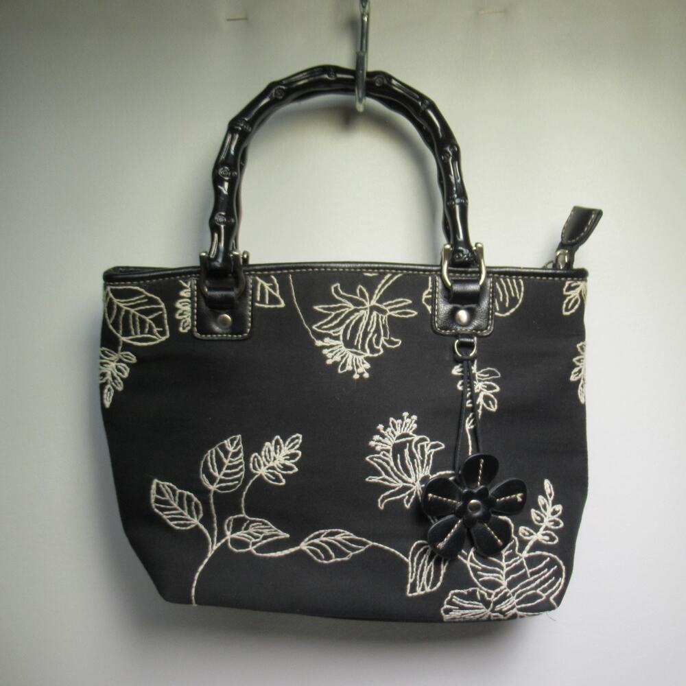 Relic Canvas Satchel Handbag S Black White Floral Bamboo Wood Handles Lined